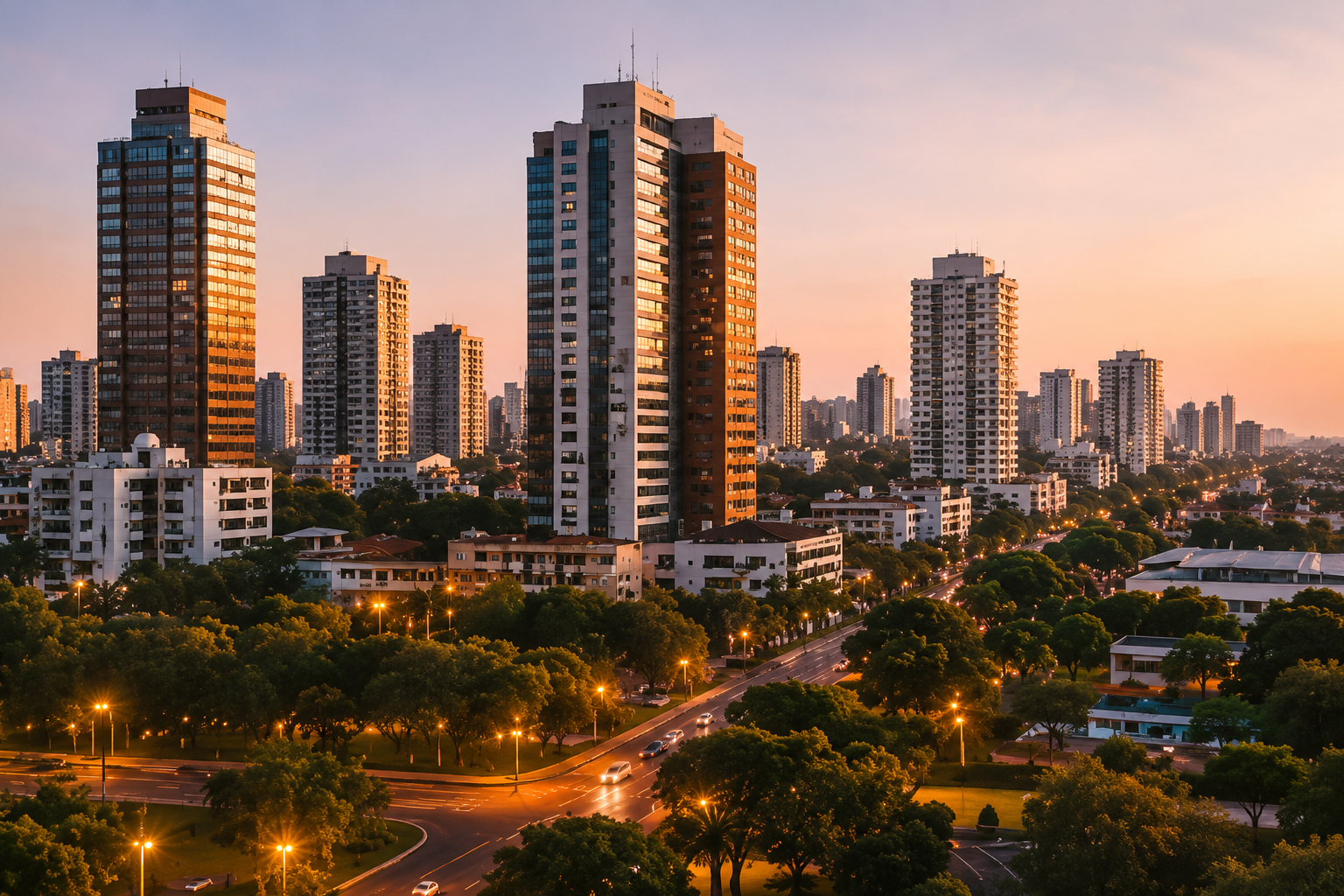 Skyline moderno di Asunción, Paraguay, all’ora del tramonto