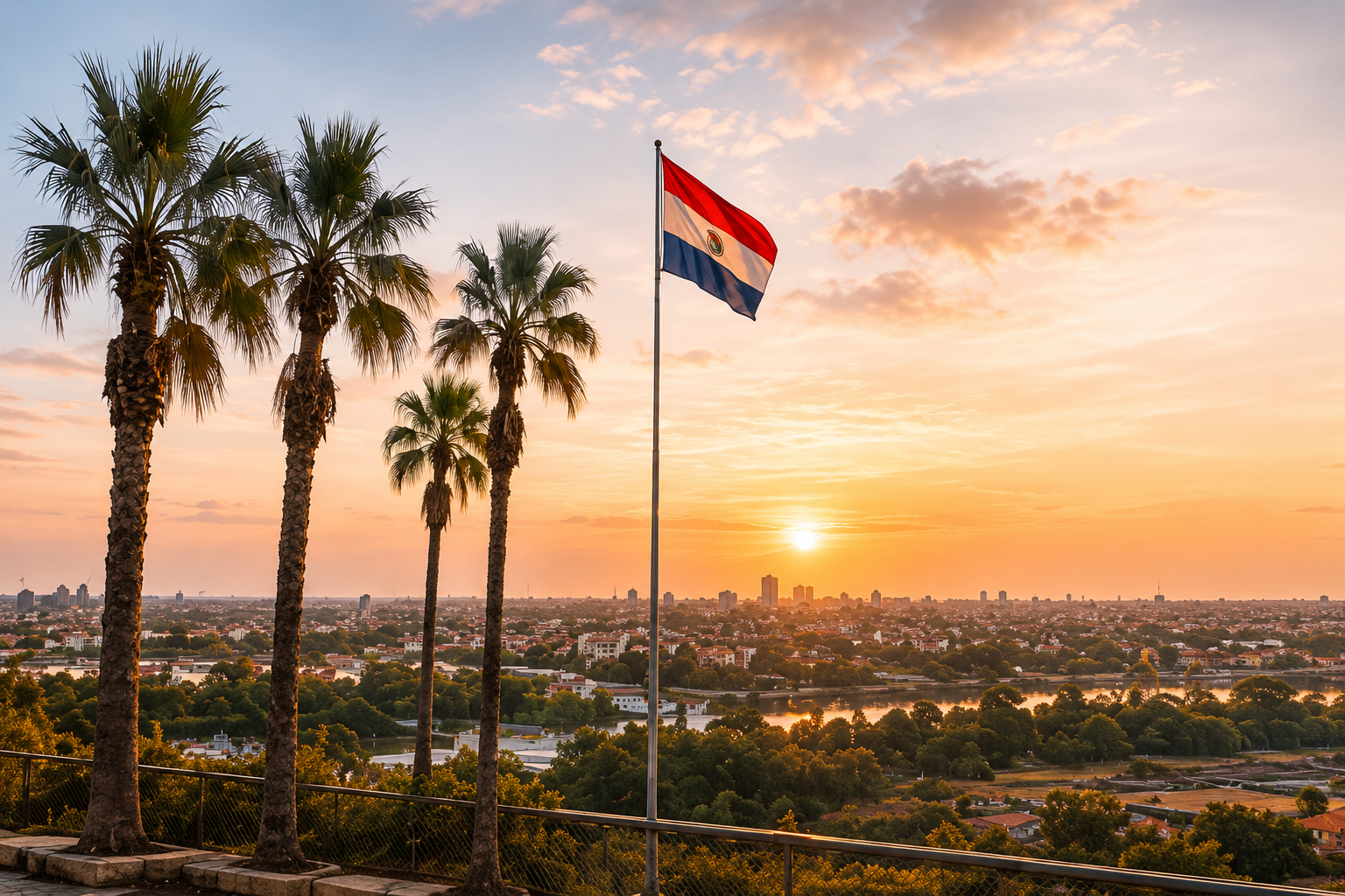 Bandiera del Paraguay al tramonto tra le palme, con vista su Asunción