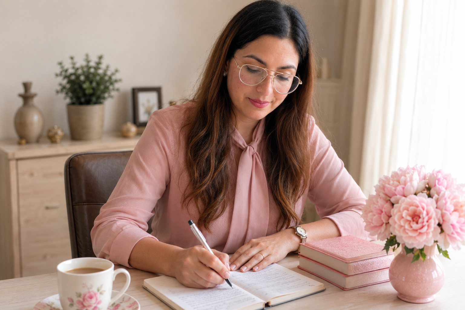Stefania Schiavone scrive sul suo taccuino alla scrivania, con fiori e caffè