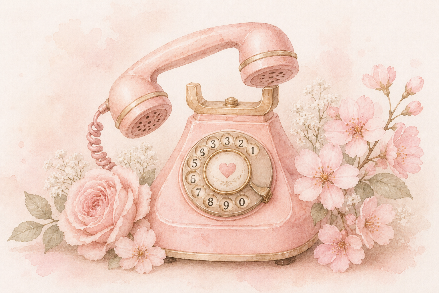 Telefono vintage rosa circondato da rose e fiori di ciliegio, in stile acquerello romantico